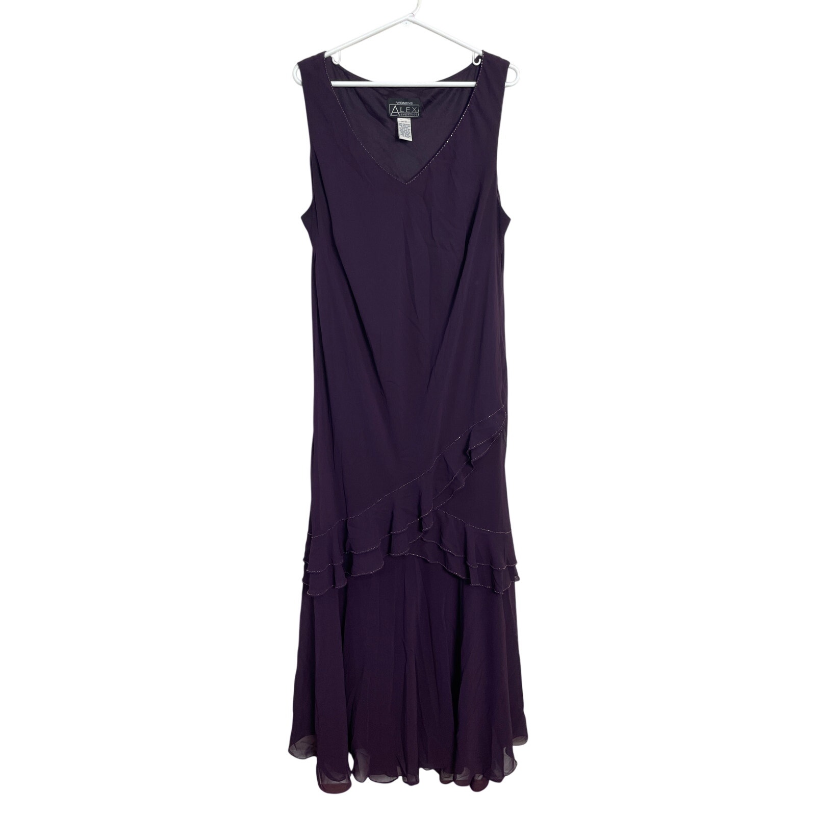 Alex Evenings Y2k Vintage Dark Purple Chiffon Beaded Ruffled Maxi Dress Xl